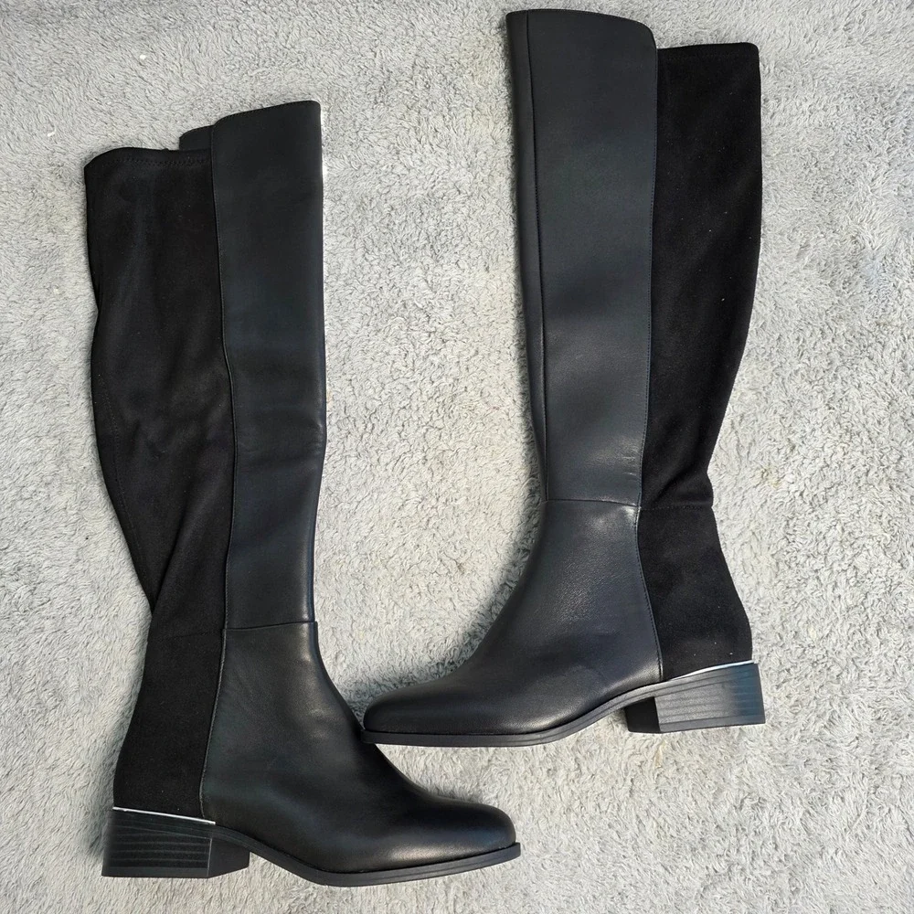 NEW Alfani Step Flex Black Leather Suede Over The Knee Boots Stretch Calf‎ 5.5M